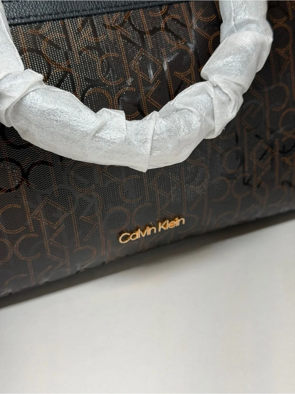 Calvin Klein Brown Monogram Satchel with Gold Hardware
